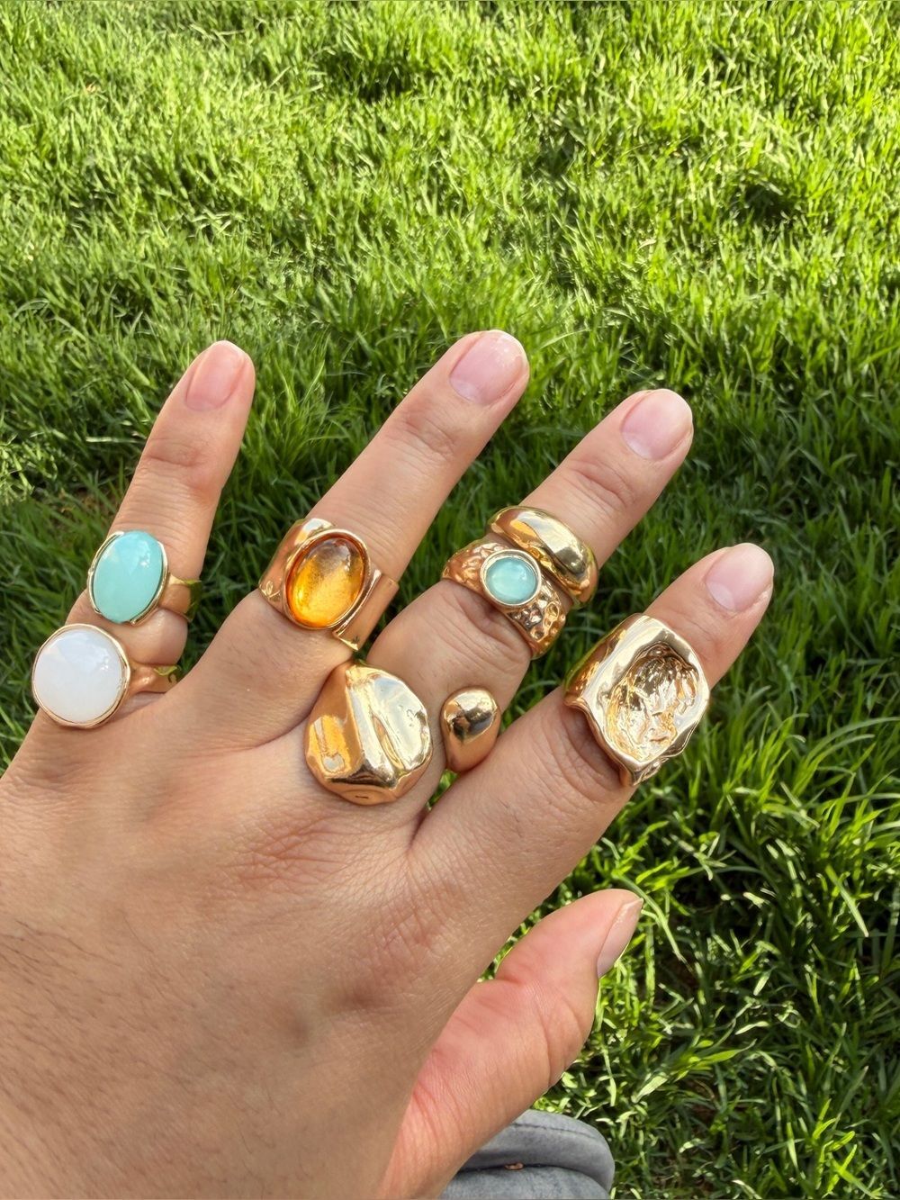 7 Gold Statement Rings Set with Turquoise, White and Amber faux Stones
